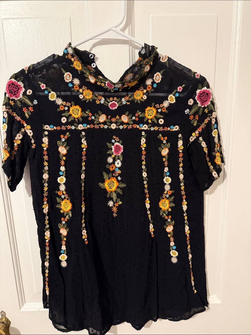 Black Floral Embroidered Boho Top